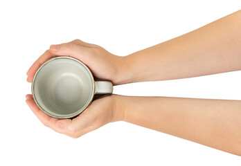 Empty Cup in Hands Isolated, Hand Holds Cup, Coffee Mug, Teacup, Hot Beverage Mockup, Grey Cup in...