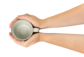Empty Cup in Hands Isolated, Hand Holds Cup, Coffee Mug, Teacup, Hot Beverage Mockup, Grey Cup in Arms