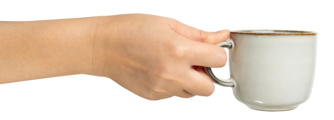 Empty Cup in Hands Isolated, Hand Holds Cup, Coffee Mug, Teacup, Hot Beverage Mockup, Grey Cup in Arms