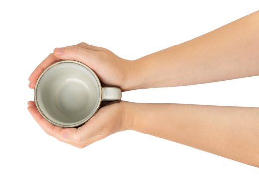 Empty Cup in Hands Isolated, Hand Holds Cup, Coffee Mug, Teacup, Hot Beverage Mockup, Grey Cup in Arms