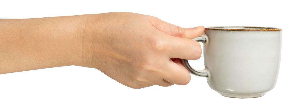 Empty Cup in Hands Isolated, Hand Holds Cup, Coffee Mug, Teacup, Hot Beverage Mockup, Grey Cup in Arms