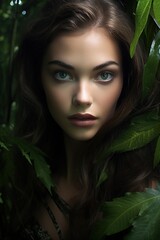 beautiful young woman portrait with green tropical leaf,  harmony of human and nature, natural beauty concept