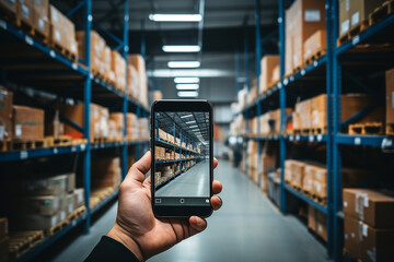 Mobile phone connected to security camera warehouse background - obrazy, fototapety, plakaty