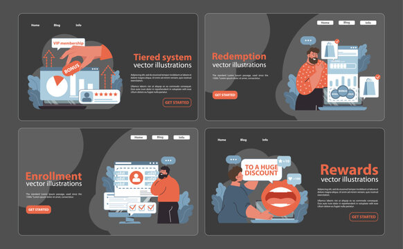 Loyalty program set. VIP membership advantages, escalating rewards in tiered system. Points redemption process. Customer enrollment benefits, exclusive discount opportunities. Flat vector illustration