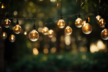 Party lights hanging on trees in garden background - obrazy, fototapety, plakaty