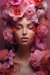 beautiful woman with pink flowers portrait, young glamour and luxury female with perfect skin, makeup and beauty concept