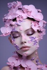 beautiful woman with pink and purple blooming flowers portrait, young glamour and luxury female with perfect skin, makeup and beauty concept