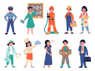 Kids professions. Children in costumes in professional uniforms, different little employees outfits, teacher, policeman and cook, singer, farmer and fireman, cartoon flat illustration vector set