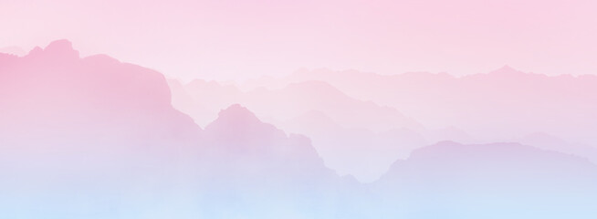 Layered mountain silhouettes with pink to blue gradient. Long panoramic wallpaper.