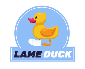 Lame duck with cast on his leg. Sad bird with bandaged foot. Funny animal, failure accident. Humor sticker. Cute mascot. Loser or bankrupt symbol. Cartoon flat isolated vector concept