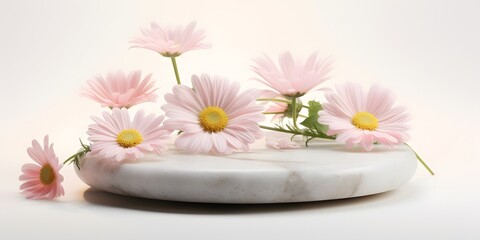 Obraz na płótnie Canvas Stone podium Cosmetic display stand with daisy blossom flowers on white background. 3D rendering