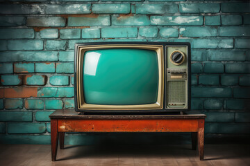 stary telewizor z kineskopem ii szklanym ekranem na starej szawce przed starą ścianą z cegły i...