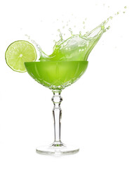 Splashing green cocktail garnished with a slice of lime isolated on white background.