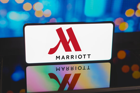 November 20, 2023, Brazil. In this photo illustration, the Marriott logo is displayed on a smartphone screen.