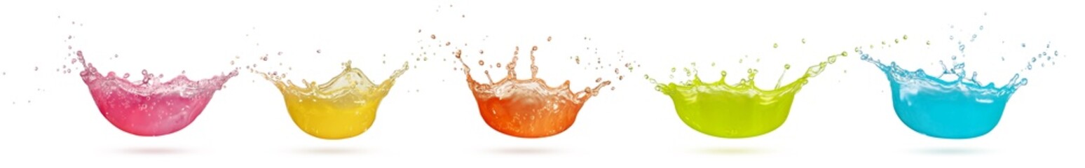 Set of colorful liquid drop splashes isolated on white background in a row.