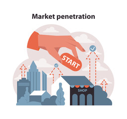 Market penetration concept. A guiding hand initiates a business journey towards urban growth. Arrows indicate upward expansion. Shop forefront in city landscape. Flat vector illustration.