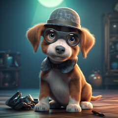 Portrait of a dog detective, blender 3D, cute
