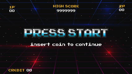 PRESS START INSERT A COIN TO CONTINUE .pixel art .8 bit game.retro game. for game assets .Retro Futurism Sci-Fi Background. glowing neon grid.and stars from vintage arcade computer games