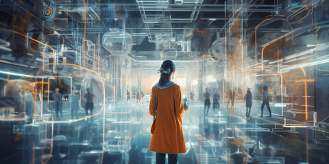 Interactive hologram: Person in an immersive augmented reality experience. Concept of futuristic technology integrated into global business networks. Woman absorbed by the technology of the future.