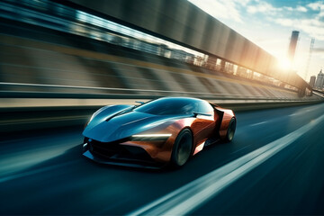 Awesome futuristic car running on high speed roads - obrazy, fototapety, plakaty