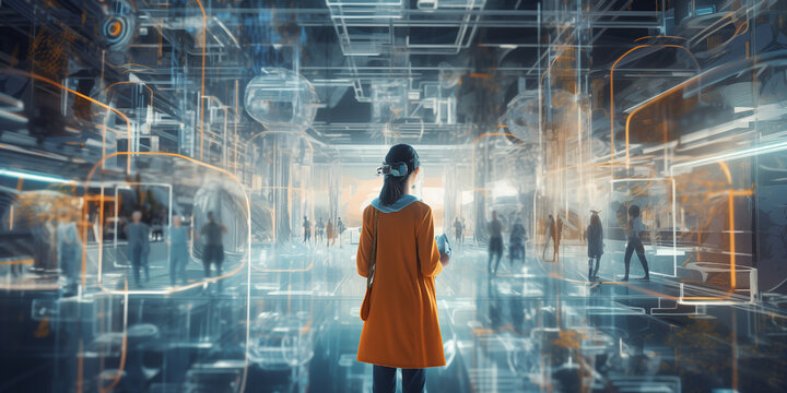 Interactive hologram: Person in an immersive augmented reality experience. Concept of futuristic technology integrated into global business networks. Woman absorbed by the technology of the future.