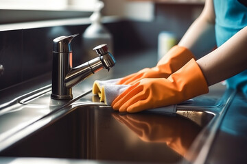 Housewife wearing gloves cleaning sink in kitchen