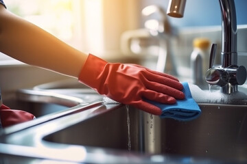 Housewife wearing gloves cleaning sink in kitchen - obrazy, fototapety, plakaty