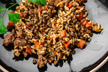rice, lentils and vegetable fresh eating cooking meal food snack on the table copy space food background rustic top view vegetarian vegan food no meat