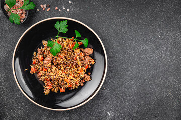 rice, lentils and vegetable fresh eating cooking meal food snack on the table copy space food background rustic top view vegetarian vegan food no meat