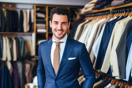 A young man wearing a blue suit standing in front of racks of suits.