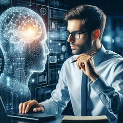 AI Artificial Intelligence. Business man using AI technology for data analysis, coding computer language with digital brain, machine learning on virtual screen, business intelligence
