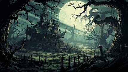 A decrepit, haunted mansion with shadowy figures in the windows. Digital concept, illustration painting.