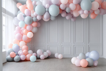 Party festive birthday photozone with blue and pink balloons. Copy space for text