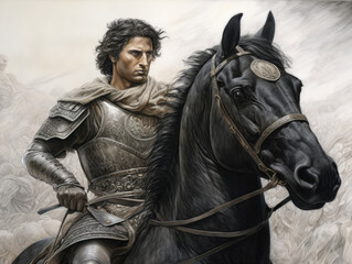 Obraz premium Illustration of Alexander the Great riding his horse Bucephalas