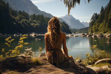 Woman enjoying beautiful view of lake and mountains