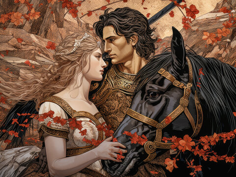 Illustration of Alexander the Great with his wife Roxana and his horse Bucephalas