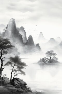 Painting of Chinese landscape with a pagoda, trees and mountain in the background, Concept of Asian art drawn in ink.