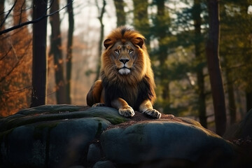 Lion sitting on big rock in the forest