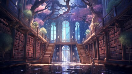 A magical library filled with many magical books. Digital concept, illustration painting.