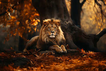 Lion sitting on big rock in the forest