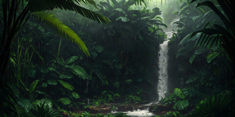 Waterfall in wild jungle. Heavy rain. Dark tropical forest with exotic plants, palm trees, big leaves and ferns. Scary thicket of the rainforest. Stream of water, wet green vegetation. Generative AI