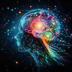 Obraz premium AI. A colorful abstract digital brain. Neural network connection lines and glowing dots. Machine learning. Big data. Artificial Super Intelligence. AGI. GPT. LLM. Science & Technology. Generative AI