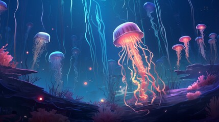A surreal undersea realm with coral castles and bioluminescent jellyfish.. Digital concept, illustration painting. - obrazy, fototapety, plakaty