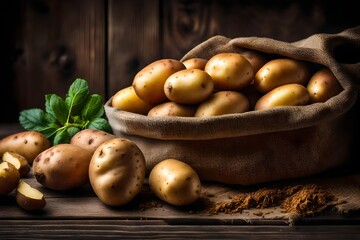 Bag of organic potatoes on a wooden background.