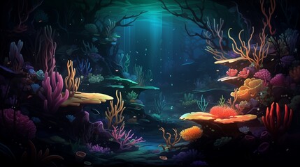 A surreal underwater world with bioluminescent marine life. Digital concept, illustration painting. - obrazy, fototapety, plakaty