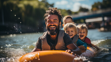 Happy father and children swimming in inflatable ring in river on summer day
