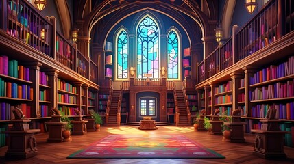 A timeless library where books whisper their stories to curious visitors. Digital concept, illustration painting. - obrazy, fototapety, plakaty