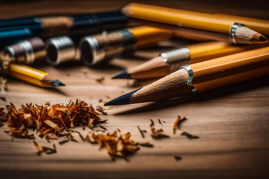 Sharpened pencils with shavings and a sharpener nearby. Sharpened pencils are ready for drawing.