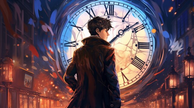 A time-traveller standing near big clock. Digital concept, illustration painting.