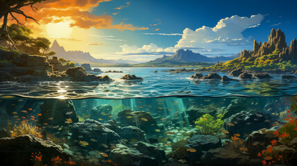 Serene Underwater Ecosystem and Lush Above Water Landscape with Sunset Sky